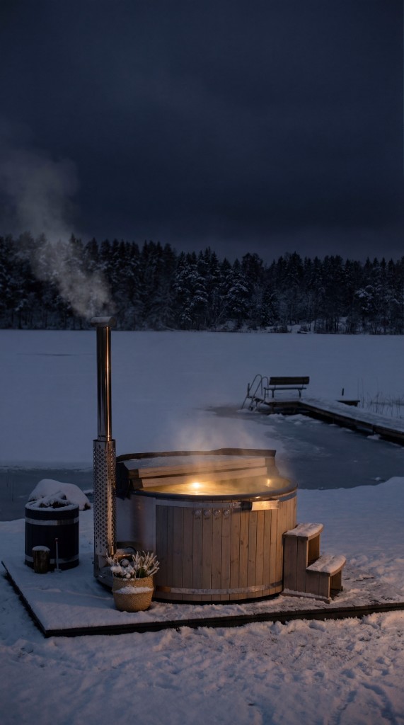 Hot tub steaming in winter night