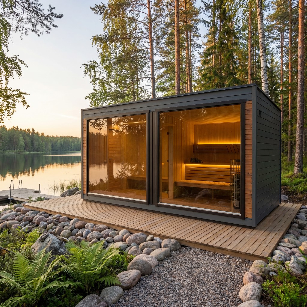 Modern sauna by the lake at sunset